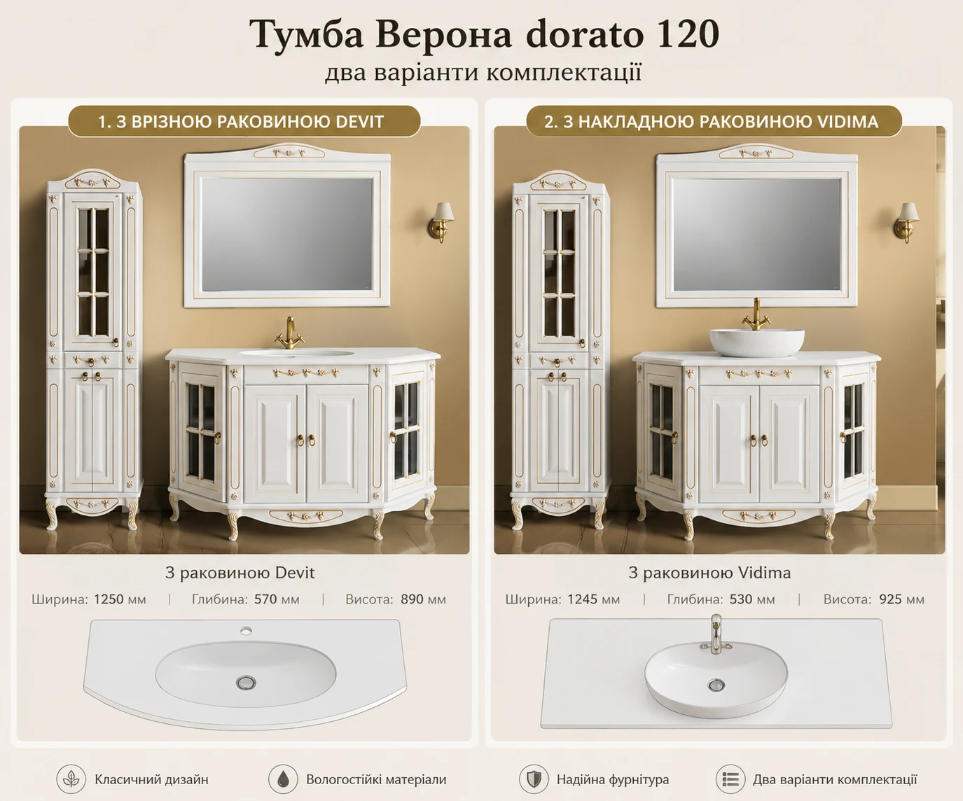 Тумба Верона 120 dorato з мийкою та стільницею — фото 6